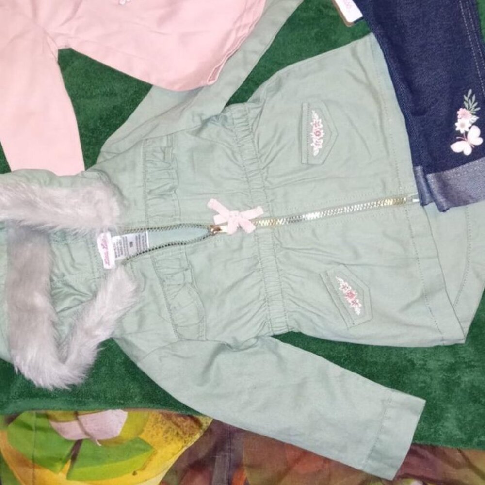 Little Lass 3 PC Sage Jacket Hooded Faux Fur/Pink Shirt /Denim Leggings 18 M